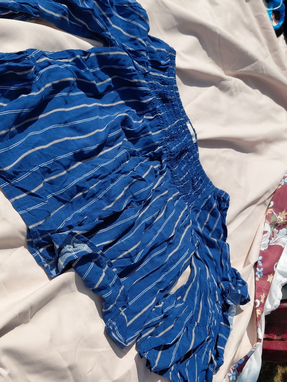 ODDY Blue Striped Smocked Off-Shoulder Blouse